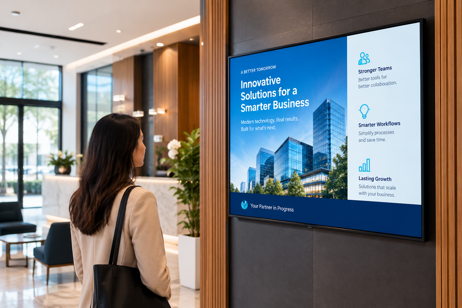 Digital signage screen displaying business information and content