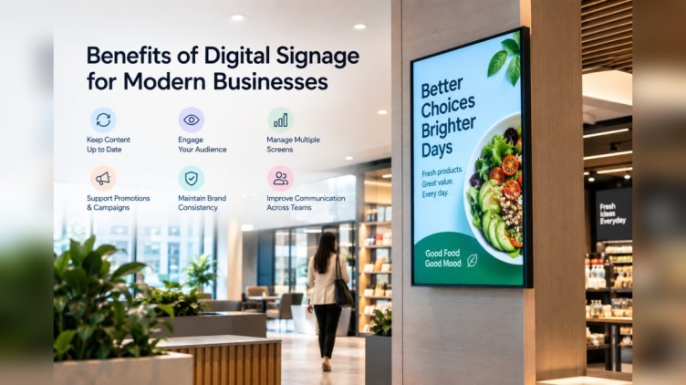 Digital signage screen displaying business information and promotions