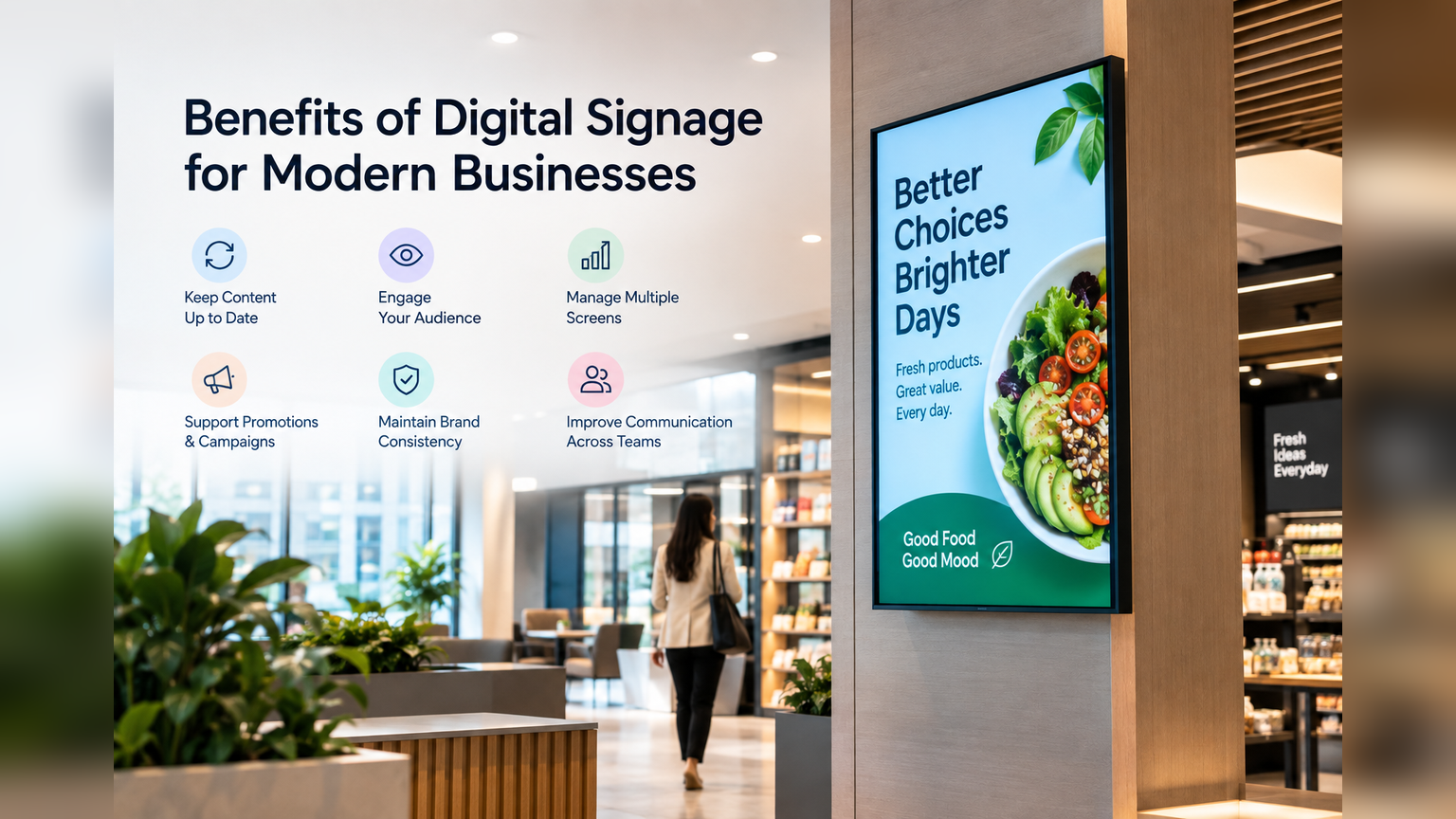 Digital signage screen displaying business information and promotions