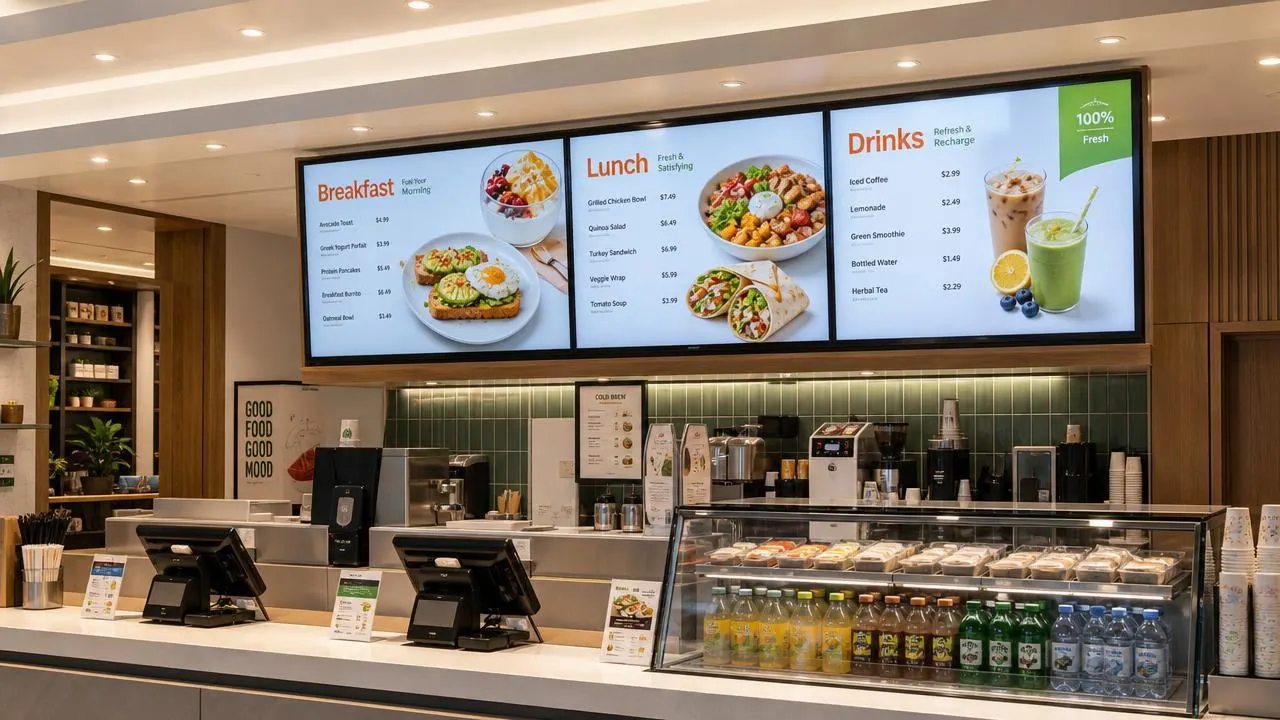 Digital screens displaying menus in a restaurant