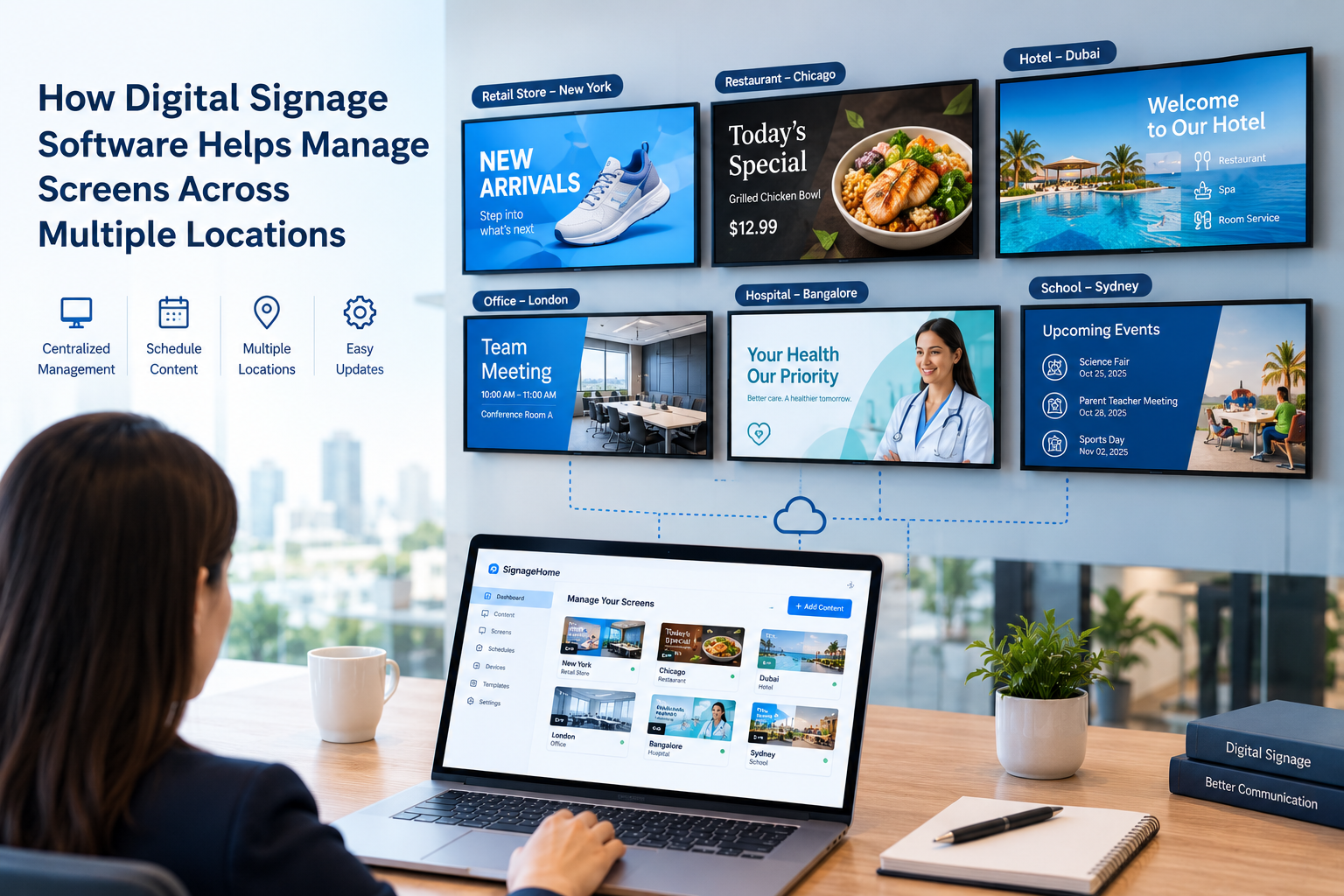 Digital signage software dashboard for managing content across multiple screens