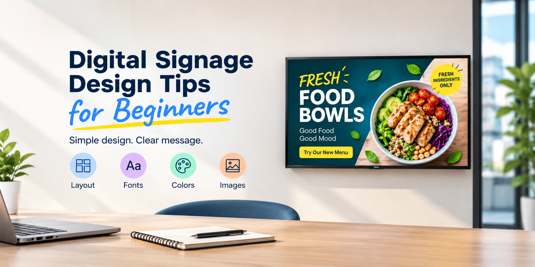 Digital signage display showing a clean layout with readable text, brand colors, and product visuals.