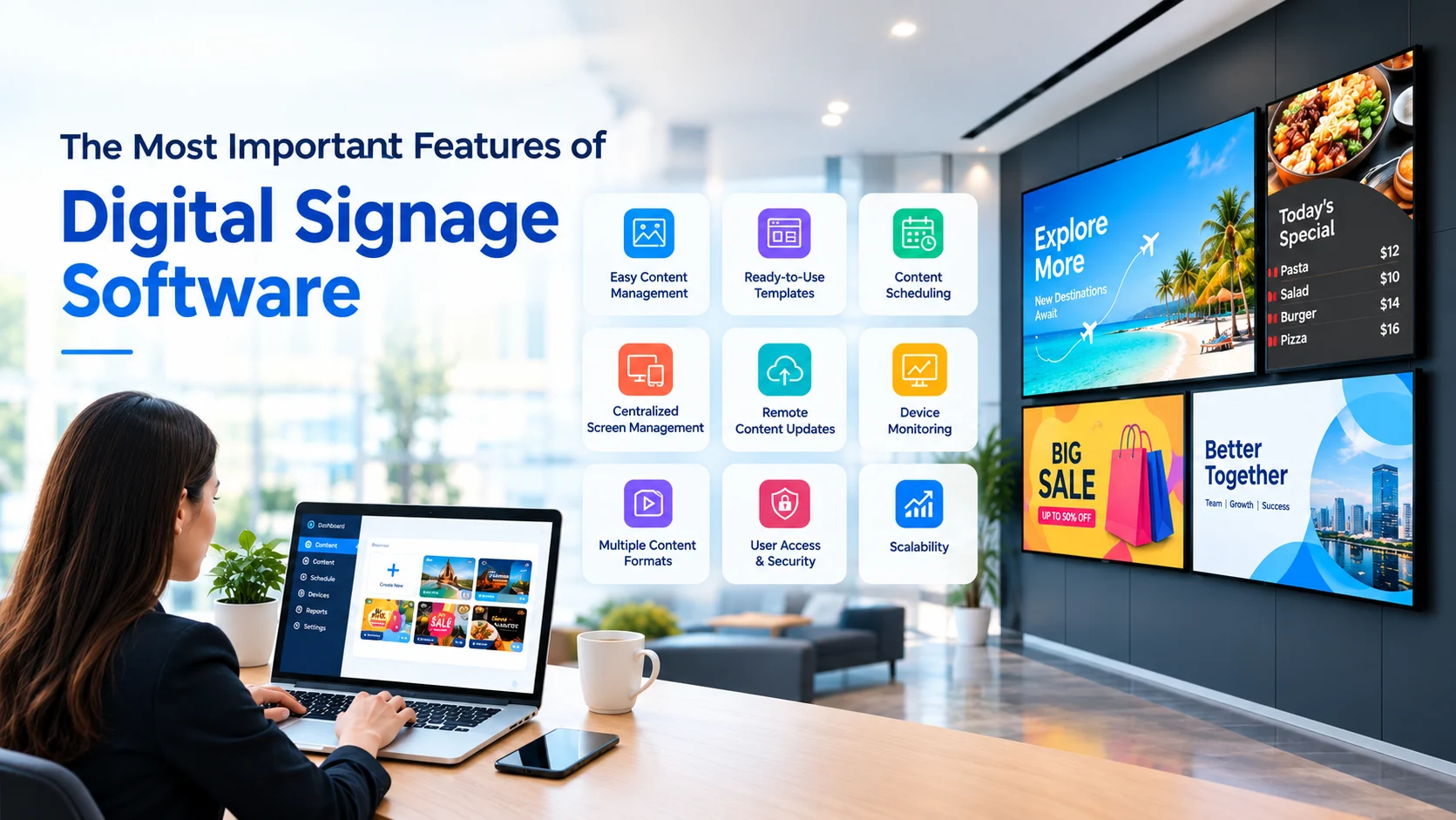 Digital signage software managing promotional content across digital screens.