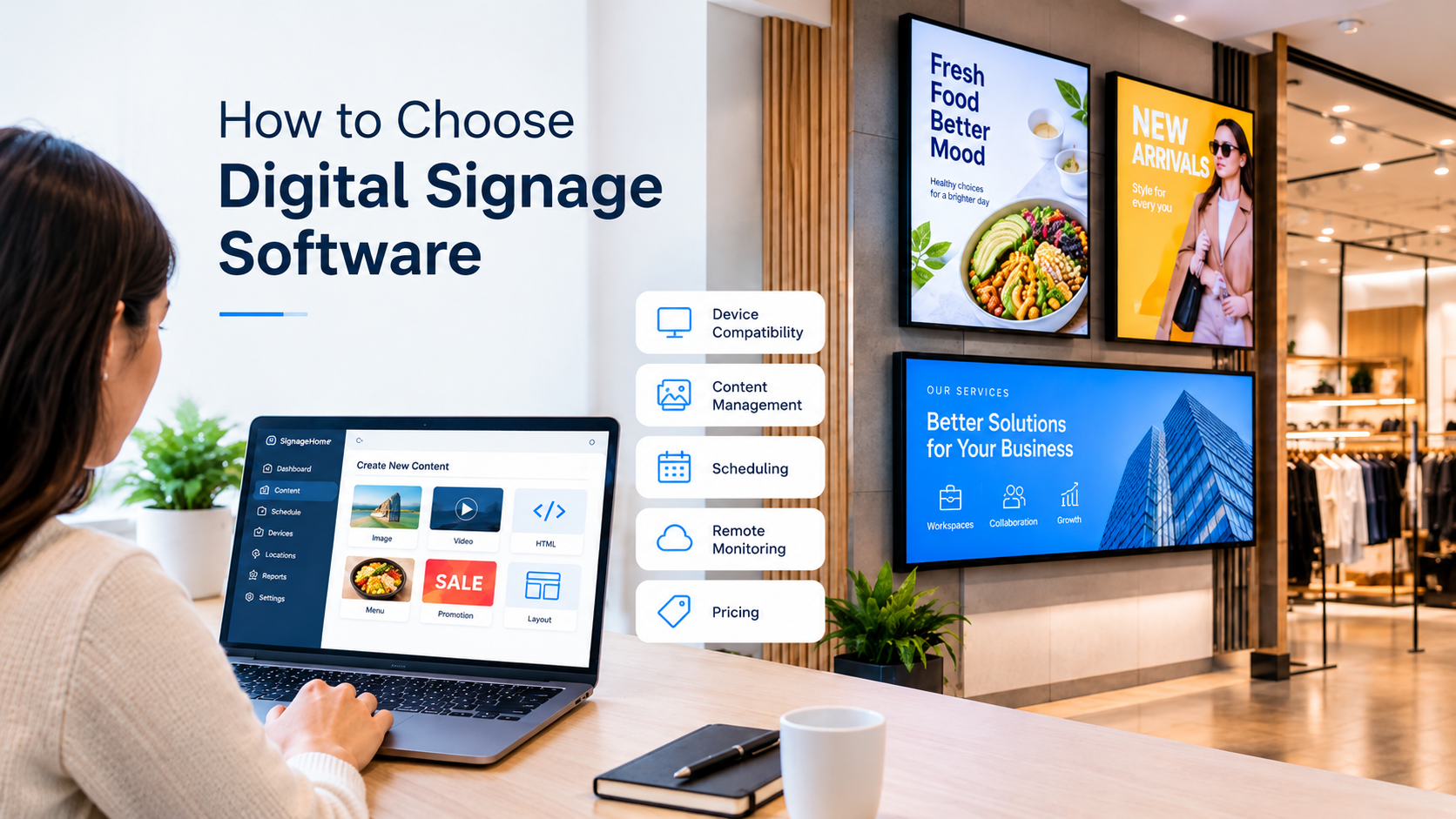 - Digital signage screens displaying business content in a retail setting