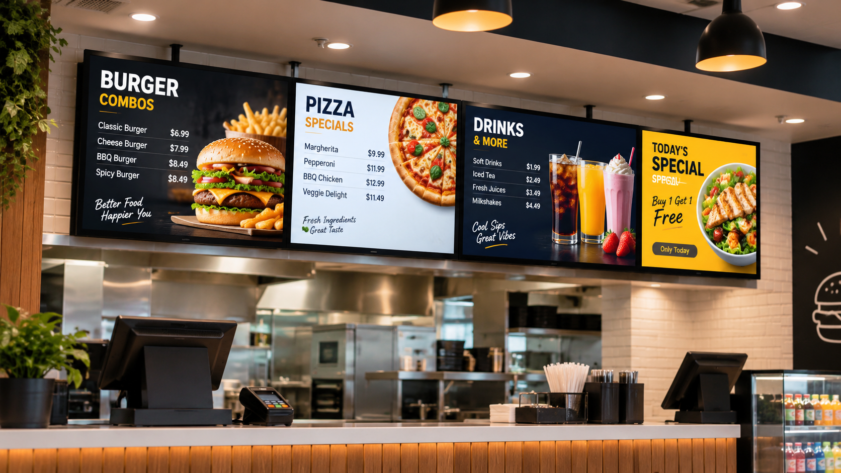 Digital menu boards displaying food items and prices in a restaurant