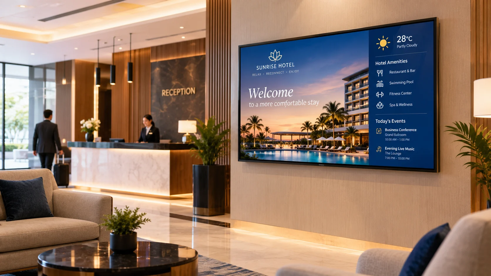 Digital signage displays sharing guest information and hotel services in a modern hotel lobby