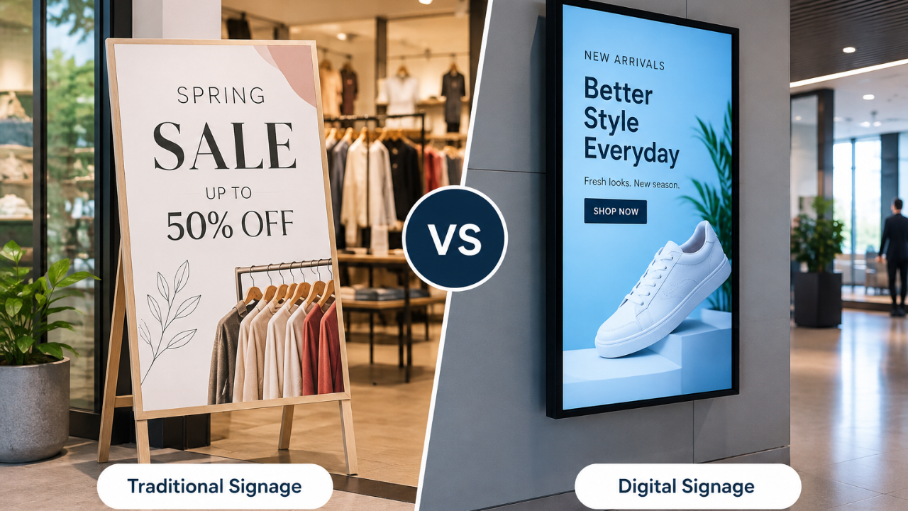 Digital signage screen and traditional printed sign displayed side by side